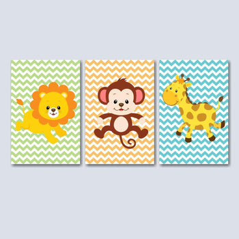 Safari Animals Nursery Wall Art Jungle Zoo Chevron Lion Monley Giraffe Baby Boy Bedroom Decor Baby Shower Gift C256-Sweet Blooms Decor