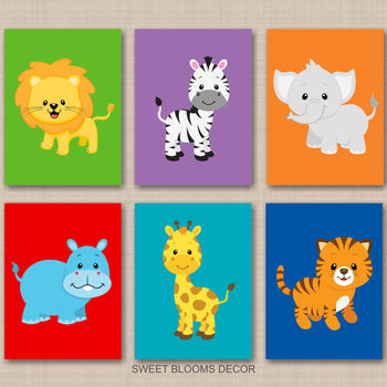 Safari Animals Nursery Wall Art Lion Elephant Giraffe Hippo Tiger Zebra Baby Girl Boy Neutral Red Green Blue Orange 867-Sweet Blooms Decor