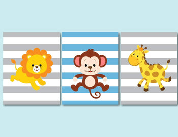 Safari Animals Nursery Wall Art Monkey Lion Giraffe Blue Gray Stripes Jungle Zoo BAby Boy Bedroom Decor Baby Shower C254-Sweet Blooms Decor