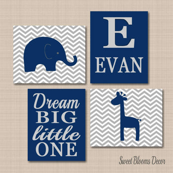 Safari Animals Nursery Wall Art Navy Blue Gray Chevron Elephant Giraffe Dream Big Little One Name Monogram Baby Shower C395-Sweet Blooms Decor