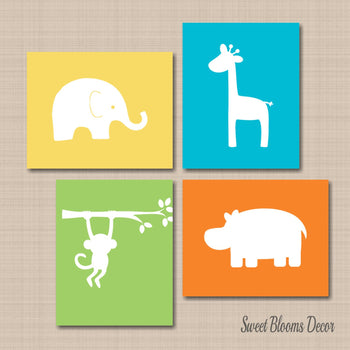 Safari Animals Nursery Wall Art Neutral Baby Boy Girl Green Orange Blue Yellow Monkey Giraffe Elephant Hippo Bedroom C411-Sweet Blooms Decor