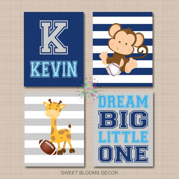 Safari Animals Nursery Wall Art Sports Navy Blue Gray Stripes Future All Star Name Monogram Baby Boy Bedroom Decor C664-Sweet Blooms Decor
