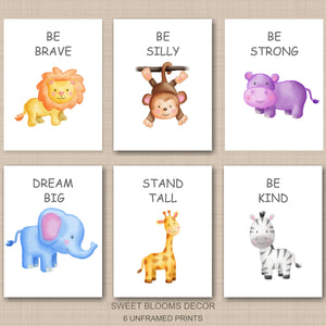 Safari Animals Nursery Wall Art Stand Tall Be Strong Brave Kind Dream Big Neutral Watercolor Lion Monkey Elephant C825-Sweet Blooms Decor