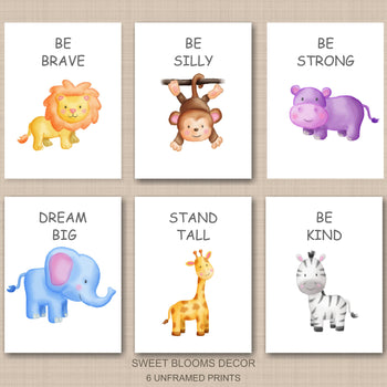 Safari Animals Nursery Wall Art Stand Tall Be Strong Brave Kind Dream Big Neutral Watercolor Lion Monkey Elephant C825-Sweet Blooms Decor