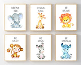 Safari Animals Nursery Wall Art Stand Tall Be Strong Brave Kind Dream Big Neutral Watercolor Lion Monkey Elephant C829-Sweet Blooms Decor