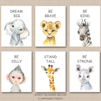 Safari Animals Nursery Wall Art Stand Tall Be Strong Brave Kind Dream Big Neutral Watercolor Lion Monkey Elephant C830-Sweet Blooms Decor