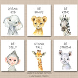Safari Animals Nursery Wall Art Stand Tall Be Strong Brave Kind Dream Big Neutral Watercolor Lion Monkey Elephant C830-Sweet Blooms Decor