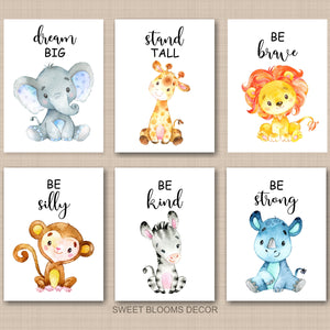 Safari Animals Nursery Wall Art Stand Tall Be Strong Brave Kind Dream Big Neutral Watercolor Lion Monkey Elephant 