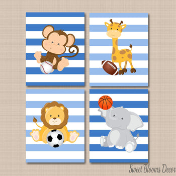Safari Animals Sports Nursery Decor Baby Boy Bedroom Decor Future All Star Navy Blue Stripes Monkey Lion Elephant C489-Sweet Blooms Decor