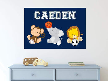 Safari Animals Sports Nursery Name Wall Art Navy Blue Boy Decor Future All Star Monkey Elephant Lion Soccer Football Baseball 20x30 CANVAS-Sweet Blooms Decor