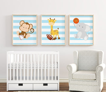 Safari Animals Sports Nursery Wall Art Future All Light Blue Stripes Baby Boy Room Jungle Zoo Giraffe Monkey Elephant C723-Sweet Blooms Decor
