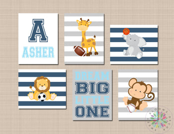 Safari Animals Sports Nursery Wall Art Future All Star Blue Gray Stripes Baby Room Decor Name Monogram Football Soccer C706-Sweet Blooms Decor