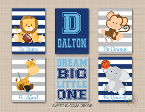 Safari Animals Sports Nursery Wall Art Future All Star Blue Gray Stripes Be Brave Curious Kind Yourself Baby Shower Gift Dream Big C912