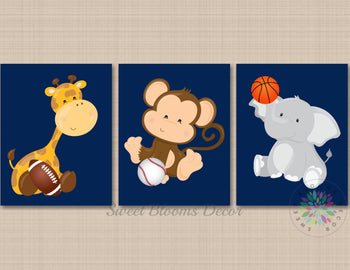 Safari Animals Sports Nursery Wall Art Future All Star Navy Blue Baby Boy Room Bedroom Decor Giraffe Monkey Elephant C761-Sweet Blooms Decor