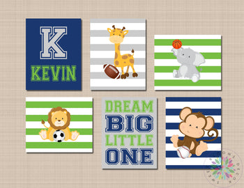 Safari Animals Sports Nursery Wall Art Future All Star Navy Blue Gray Green Stripes Deam Big Little One Jungle Zoo C715-Sweet Blooms Decor