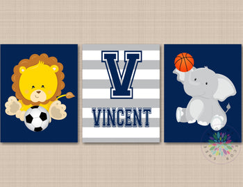 Safari Animals Sports Nursery Wall Art Future All Star Navy Blue Gray Name Monogram Lion Elephant Football Soccer Decor C723-Sweet Blooms Decor