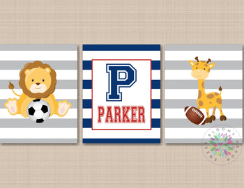 Safari Animals Sports Nursery Wall Art Future All Star Navy Blue Gray Red Stripes Name Monogram Decor Football Soccer 479-Sweet Blooms Decor
