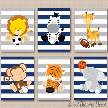 Safari Animals Sports Nursery Wall Art Future All Star Navy Blue Gray Stripes Football Soccer Baseball Basketball C791-Sweet Blooms Decor