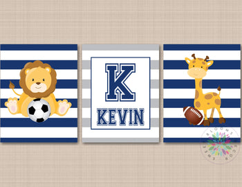 Safari Animals Sports Nursery Wall Art Future All Star Navy Blue Gray Stripes Name Monogram Football Soccer Art 807-Sweet Blooms Decor