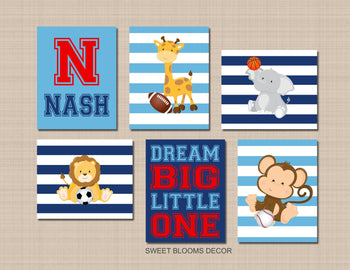 Safari Animals Sports Nursery Wall Art Future All Star Navy Blue Red Dream Big Little One Name Monogram Boy Bedroom C871-Sweet Blooms Decor