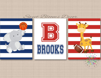 Safari Animals Sports Nursery Wall Art Future All Star Navy Blue Red Stripes Decor Monogram Name Football Basketball C781-Sweet Blooms Decor