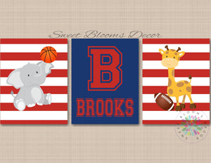 Safari Animals Sports Nursery Wall Art Future All Star Navy Blue Red Stripes Decor Monogram Name Football Basketball C781-Sweet Blooms Decor