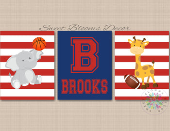 Safari Animals Sports Nursery Wall Art Future All Star Navy Blue Red Stripes Decor Monogram Name Football Basketball C781-Sweet Blooms Decor