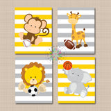 Safari Animals Sports Nursery Wall Art Gray Yellow Stripes Boy Bedroom Decor Future All Star Safari Soocer Football C720-Sweet Blooms Decor
