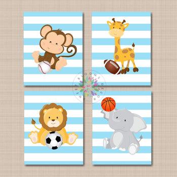 Safari Animals Sports Nursery Wall Art Light Blue Stripes Future All Star Jungle Soocer Baseball Football Basketball C709-Sweet Blooms Decor