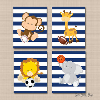 Safari Animals Sports Nursery Wall Art Navy Blue Stripes Future All Star Bedroom Decor Lion Monkey Elephant Giraffe C523-Sweet Blooms Decor
