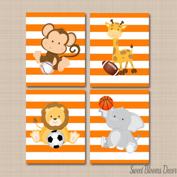 Safari Animals Sports Nursery Wall Art Orange Lion Monkey Elephant Giraffe Soccer Basketball Baby Boy Bedroom Decor C534-Sweet Blooms Decor