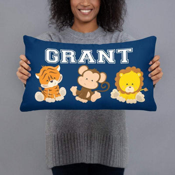 Safari Animals Throw Pillow Navy Blue Safari Nursery Decor Lion Monkey Animals Kids Room Decor Baby Pillow Baby Shower Gift 12x20 inch P102-Sweet Blooms Decor