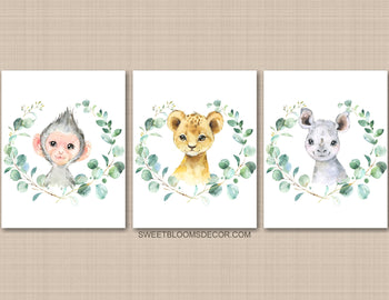 Safari Animals with Eucalyptus Leaves Nursery Wall Art