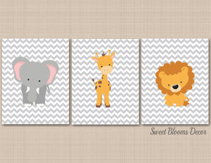 Safari Nursery Wall Art Decor Jungle Zoo Animals Gray Chevron Lion Eleohant Giraffe Baby Boy Girl Neutral Shower Gift C262-Sweet Blooms Decor