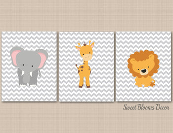 Safari Nursery Wall Art Decor Jungle Zoo Animals Gray Chevron Lion Eleohant Giraffe Baby Boy Girl Neutral Shower Gift C262-Sweet Blooms Decor