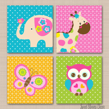 Safari Nursery Wall Art Jungle Animals Nursery Decor Safari Girl Animals Nursery Decor Elephant Butterfly Owl Giraffe Girl C463-Sweet Blooms Decor