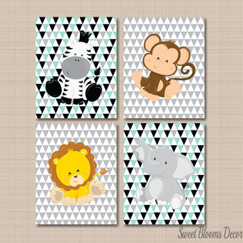 Safari Nursery Wall Art Mint Gray Black Animals Nursery Decor Lion Monkey Elephant Zebra Triangles Aztec C540-Sweet Blooms Decor