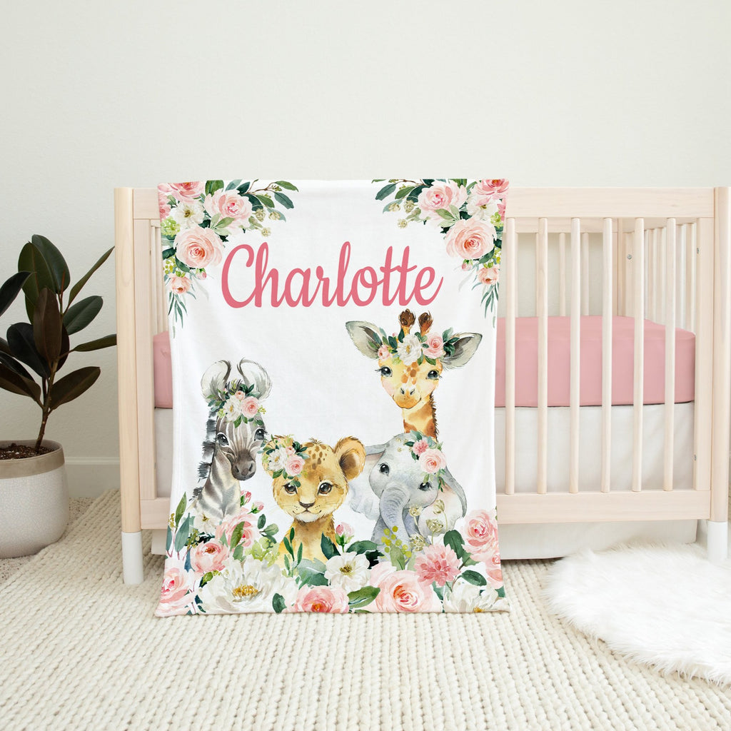afari Animals Baby Girl Name Blanket, Blush Pink Floral Personalized Blanket Newborn Flowers Baby Shower Gift Animals Crib Blanket