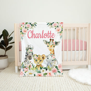 afari Animals Baby Girl Name Blanket, Blush Pink Floral Personalized Blanket Newborn Flowers Baby Shower Gift Animals Crib Blanket