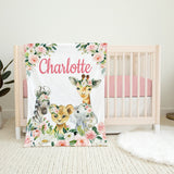 Jungle Animals Baby Girl Name Blanket with Blush Pink Flowers B1318