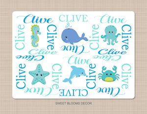 Sea Animals Baby Boy Name Blanket Ocean Under The Sea Baby Shower Gift Whale Sea Horse Octopus Crab Star Fish Teal Blue Green B1052-Sweet Blooms Decor