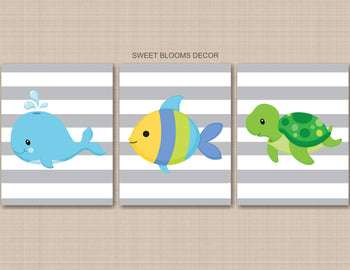Sea Animals Baby Boy Nursery Wall Art Gray Blue Green Yellow Stripes Whale Fish Turtle Ocean Decor Baby Shower Gift C275-Sweet Blooms Decor