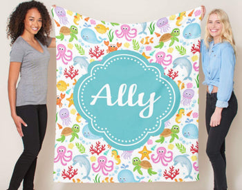 Sea Animals Baby Girl Name Blanket Birthday Gift Newborn Baby Girl Shower Gift Nursery Crib Bedding Whale Crab Octopus Sea Horse Turtle