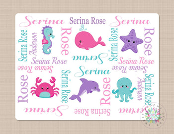 Sea Animals Baby Name Blanket Ocean Girl Under The Sea Bedding Whale Sea Horse Octopus Crab Star Fish Pink Purple Teal Nursery Decor B194
