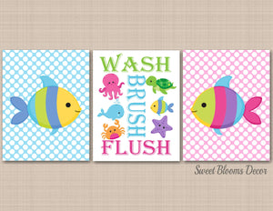 Sea Animals Bathroom Wall Art Blue Pink Brother Sister Shared Ocean Fish Turtle Whale Crab Rules Wash Brush Flush PRINTS or CANVAS B136-Sweet Blooms Decor