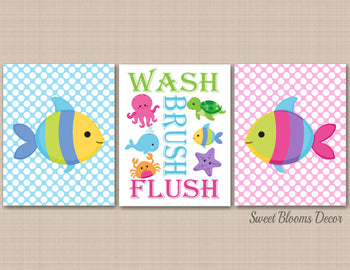 Sea Animals Bathroom Wall Art Blue Pink Brother Sister Shared Ocean Fish Turtle Whale Crab Rules Wash Brush Flush PRINTS or CANVAS B136-Sweet Blooms Decor