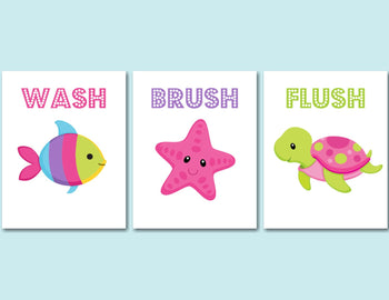 Sea Animals Bathroom Wall Art,Girl Bathroom Wall Art,Pink Purple Bathroom Decor,Under the Sea Wash Brush Flush PRINTS or CANVAS B129-Sweet Blooms Decor