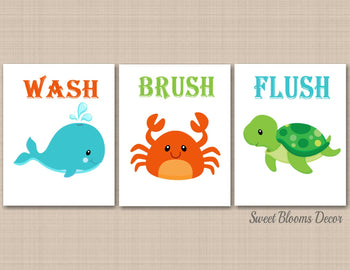 Sea Animals Bathroom Wall Art,Whale Crab Turtle Bathroom Wall Art,Ocean Bathroom Decor,Under the Sea Wash Brush Flush PRINTS or CANVAS B130-Sweet Blooms Decor