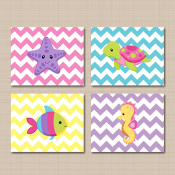 Sea Animals Girl Nursery Wall Art Chevron Star Fish Turtle Sea Horse Pink Purple Teal Baby Girl Bedroom Decor UNFRAMED-Sweet Blooms Decor