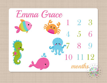 Sea Animals Milestone Blanket Ocean The Sea Baby Girl Under The Sea Bedding Sea Horse Octopus Crab Whale Fish Pink Coral Orange Green B510